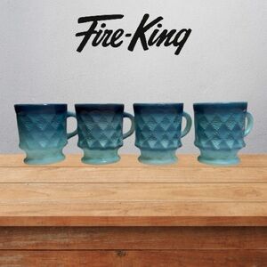 Anchor Hocking Fire-King Blue Kimberly Diamond Set of 4 Mugs